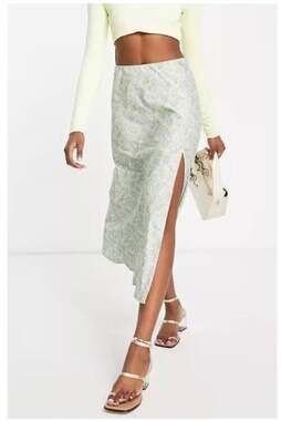 ASOS Miss Selfridge Green Paisley Satin Midi Skirt Slit Elastic Waist Size 6 NEW